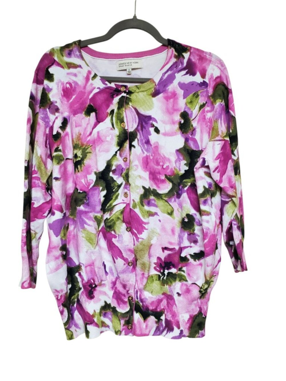 Jones New York Sport Woman's‎ White Pink Watercolor Floral Button Up Cardigan 1X